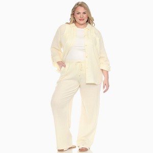 Plus Size Long Sleeve Button Down Cotton Gauze Set Black -White Mark - 1 of 4