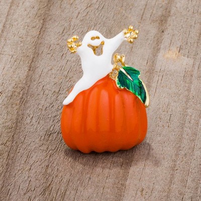 ShineHigh Halloween Pumpkin and Ghost Brooch for Women – Enamel Pin with Goldtone Accents and Clear Crystal Details, 1.5-Inch Festive Fall Jewelry