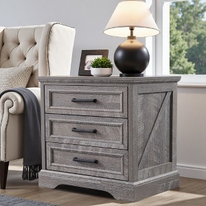 Nightstand with Charging Station, 24" Wide Farmhouse End Table with 3 Drawers & Handles, Night Stand Bedside Table for Bedroom, Living Room - 1 of 4