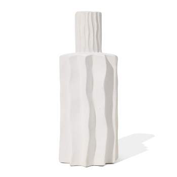 LuxenHome White Fluted 15-Inch Tall Stoneware Table Vase
