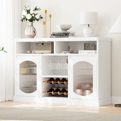 Whizmax Coffee Bar Cabinet with LED Light, 47" Buffet Storage Cabinet with Fluted Glass Doors, White Wine Bar Cabinet for Kitchen Dining Living Room
