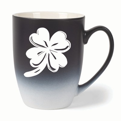Elanze Designs Irish Four Leaf Clover Two Toned Ombre Matte 10 ounce New Bone China Coffee Tea Cup Mug, Black and White