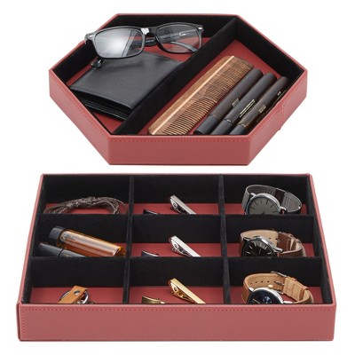 Juvale Set of 2 Faux Leather Valet Tray for Men, Customizable Catch All Trays for Keys, Wallet, Watch, Nightstand Drawer Organizer, 2 Shapes, Red