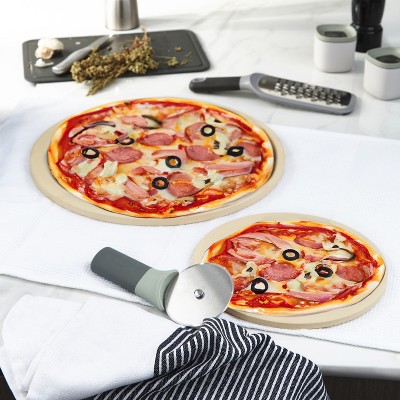 Large Beige Cordierite Pizza Set with Stainless Steel Cutter and Grater