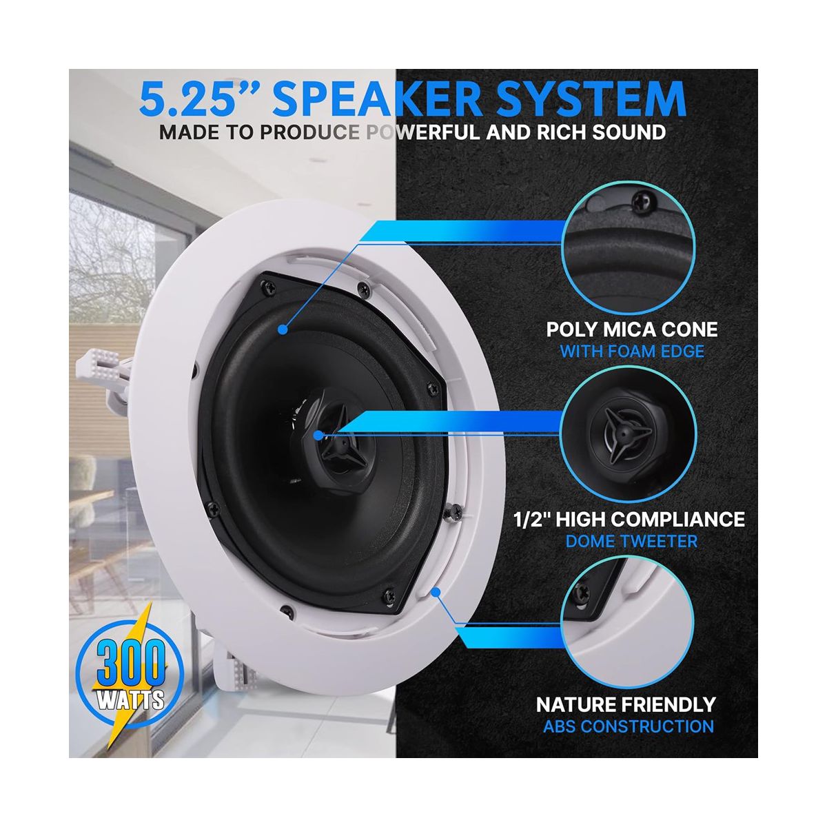 Pyle 5.25" In-Wall/Ceiling Speakers with 70V Transformer - 2-Way, 300W - PDIC53T - thumbnail 2