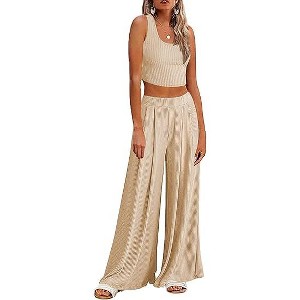 Ekouaer Women's Pajamas 2 Piece Lounge Set Ribbed Knit Loungewear Sleeveless Tank Top Wide Leg Pants - 1 of 2