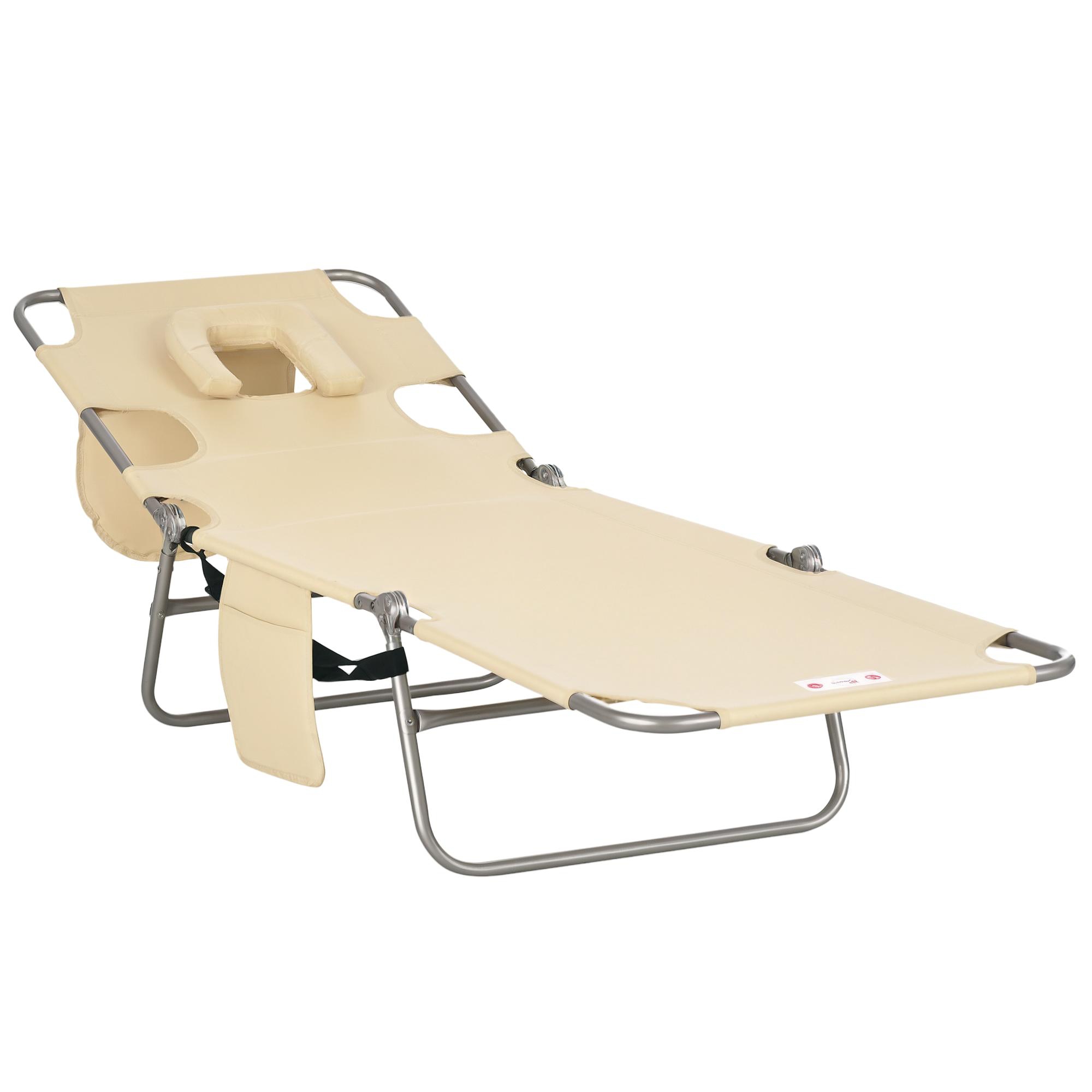 Outsunny Folding Beach Lounge Chair with Face Hole and Arm Slots, 5-level Adjustable Sun Lounger Tanning Chair with Pillow, Beige
