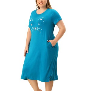 Agnes Orinda Women's Plus Size Soft Knit Cute Cat Print Short Sleeve Split Hem Pockets Midi Sleep Shirts Nightgowns - 1 of 4