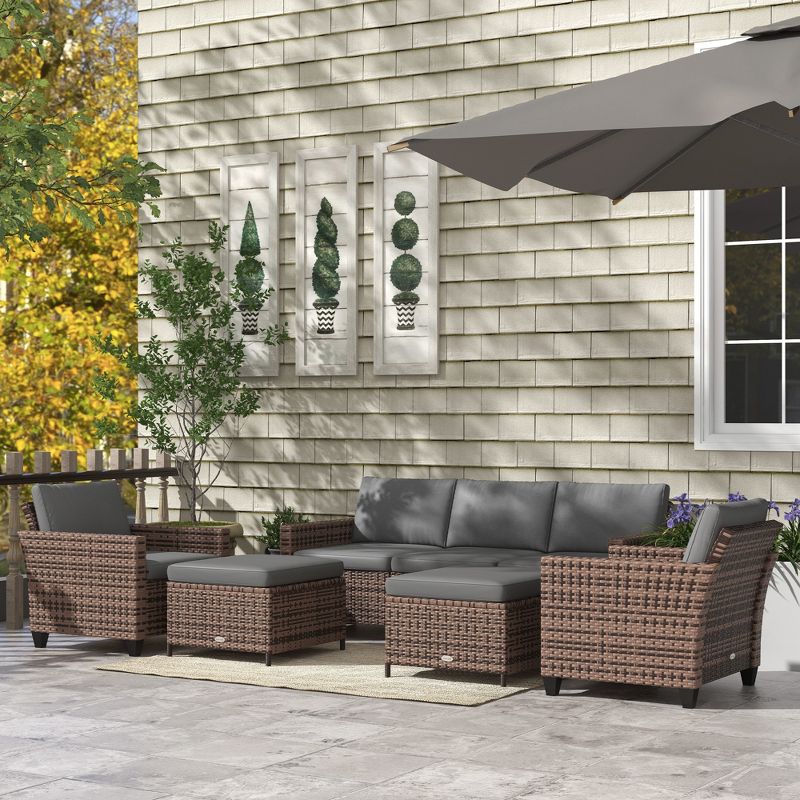 Outsunny 5 Piece Patio Furniture Set with Cushions, Outdoor Conversation Set with Rattan Three-Seater Sofa, Chairs & Footstools, 2 of 7