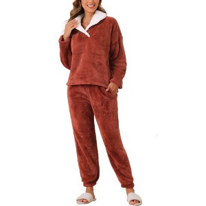 cheibear Women's Fluffy Fleece Pullover Tops with Pants Winter Plush Warm Pajamas Sets - 1 of 4