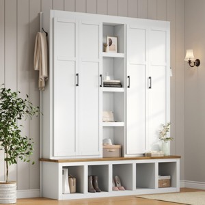 Farmhouse 4-in-1 Hall Tree with Bench & 6 Hooks, 62.9" Mudroom Organizer with Shoe Cabinet & Open Storage-3irtyhousy - 1 of 4