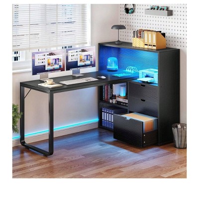 55in L Shaped Desk Office Desk with 3 Drawers & Power Outlets LED Corner Gaming Computer Table with Adjustable Shelf