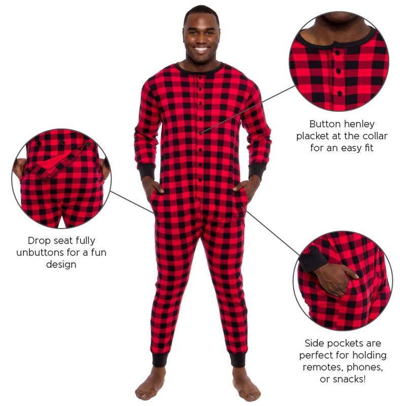 Ross Michaels - Men's Buffalo Plaid One Piece Pajama Union Suit with Drop Seat, 3 of 6