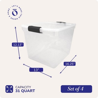 Clear Stackable Plastic Storage Bins with Gray Handles, 31 Quart, Set of 4