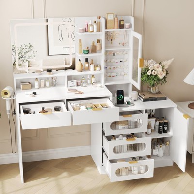 Large Makeup Vanity with Jewelry Storage, Lots Shelves & Power Strip, Dressing Table