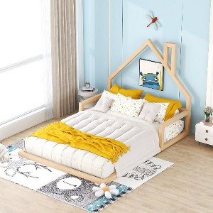 CAVINAS Twin Size Bed Frame, Wooden Bed with House-shaped Headboard for Children, Floor Platform Bed - 1 of 4