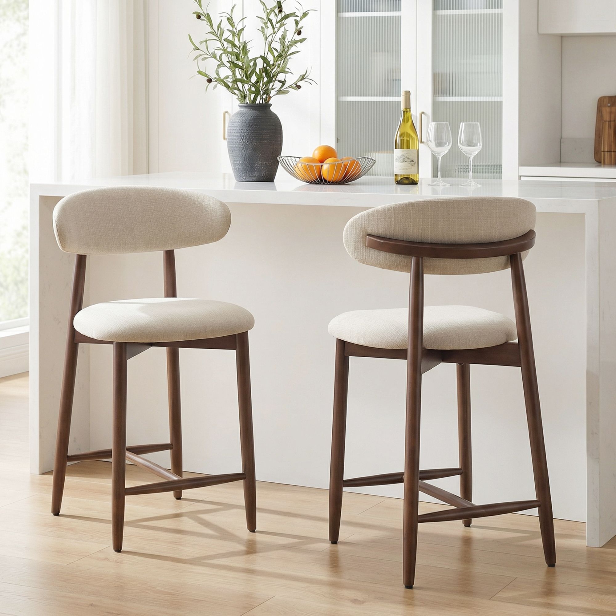 Ora Maison Set of 2 Counter Height Beige Upholstered Bar Stool with Fabric & Walnut Finish