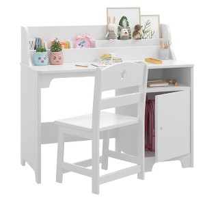 Kids Desk with Chair, Study Desk for Boys Girls with Hutch, Storage Cabinet, Wooden Children Study Table, Student Writing Desk Computer Workstation - 1 of 4