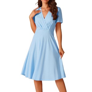 INSPIRE CHIC Women's Summer Wrap V Neck Puff Short Sleeve Midi Swing Dress with Pockets - 1 of 4