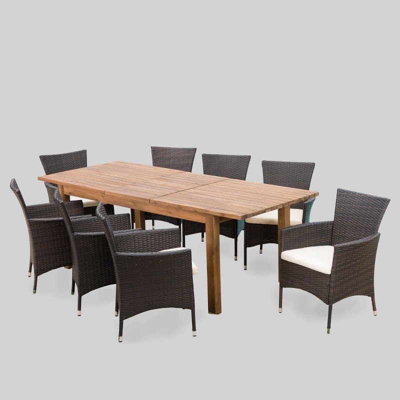 Oslo 9pc Acacia Wood & Wicker Patio Dining Set - Brown - Christopher Knight Home, 3 of 8