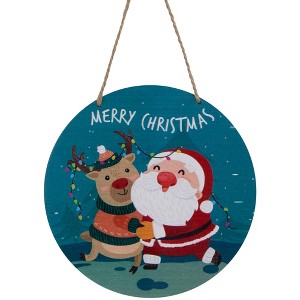 Northlight Santa and Reindeer "Merry Christmas" Disc Ornament - 8" - Blue and Red - 1 of 4