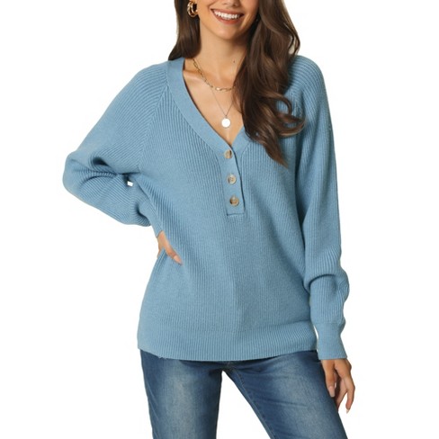 Seta T Women's Long Sleeve V Neck Button Solid Color Ribbed Knit Casual Pullover  Sweaters Blue Xl : Target