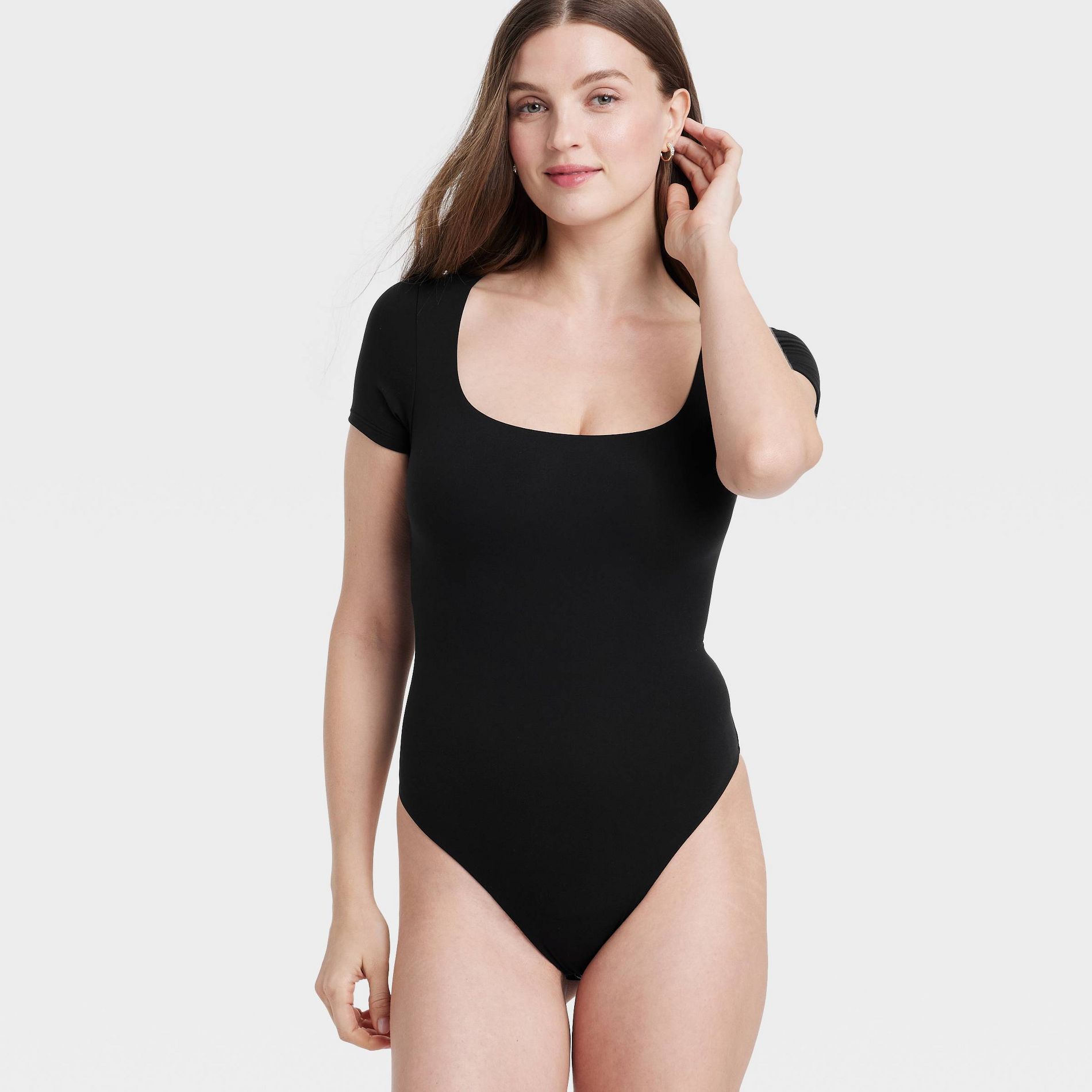Women's Luxe Stretch Square Neck Thong Bodysuit - Auden™ Black L: Nylon Spandex Knit, Cotton Gusset, Pullover
