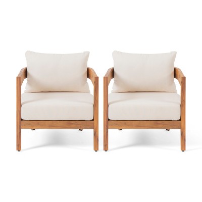 Christopher Knight Home Brooklyn Outdoor Acacia Wood Club Chair with Cushions (Set of 2), Teak/Beige