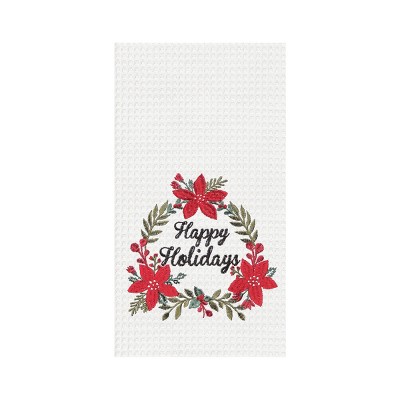 C&F Home Happy Holidays Poinsettia Embroidered Waffle Weave Kitchen Towel