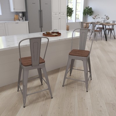 Silver Metal Counter Stool with Curved Slatted Back and Textured Wood Seat