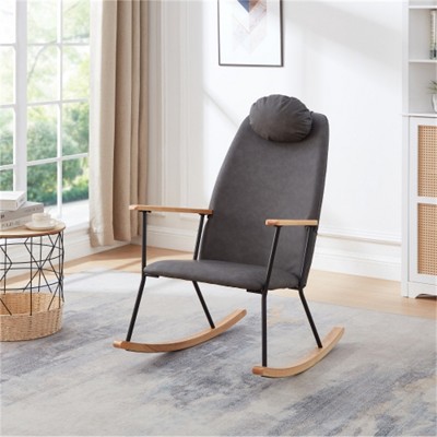 SKRAN Adjustable Headrest Pillow Rocking Chair, Leather Upholstered Glider Rocker with High Backrest for Nursery, Bedroom, Living Room (Dark Gray)