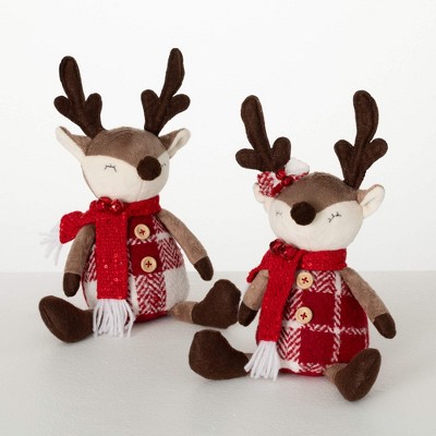 12.25"H Sullivans Christmas Plush Sitting Reindeer Set of 2, Multicolor, Indoor Christmas Decor