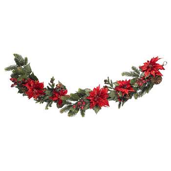 60" Poinsettia & Berry Garland - Nearly Natural