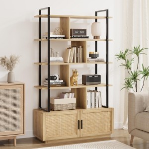 5 Tier Rattan Bookshelf with Storage Cabinet & Door, 71.1 Inch Tall Industrial Book Shelf - 1 of 4