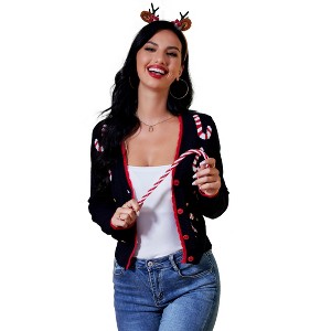 Clearlove Festive Christmas Candy Cane Santa Cardigan Sweater for Women Cheerful Holiday Knitwear - 1 of 4