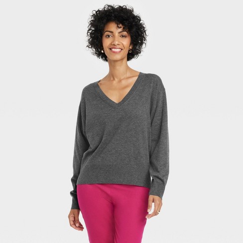 Women's Fine Gauge V-neck Sweater - A New Day™ Dark Gray Xxl : Target