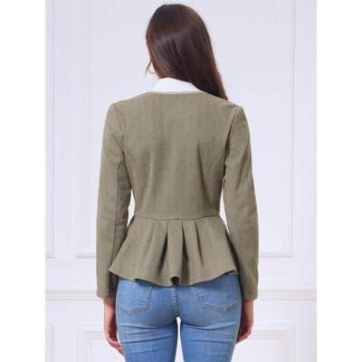 INSPIRE CHIC Women Vintage Crew Neck Herringbone Long Sleeve Button Down Ruffled Hem Business Casual Jackets Large Brown Khaki — фото 3