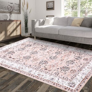 Vintage Persian Area Rug Farmhouse Floral Machine Washable Rug, Stain Resistant Non-Slip - 1 of 4