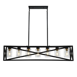 Dewdrop Modern Farmhouse 7-Light Linear Pendant, Black Metal Rectangle Chandelier with Cross Frame and Clear Glass Shades - 1 of 4