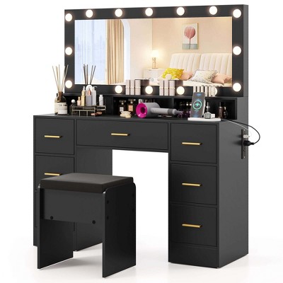 Costway Makeup Vanity Desk with Mirror and Lights Charging Station 3-Color LED Lights Black/White