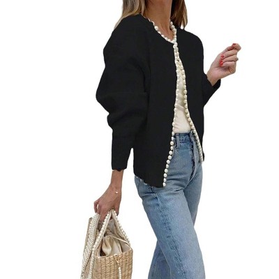 Women's Open Front Cardigan Sweater Fall Casual Knitted Long Sleeve Pearls Trim Outerwear Coat Trendy Clothes