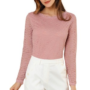 Allegra K Women's Slim Fit Sheer-Long-Sleeves Flower Embroidery Lace Top - 1 of 4