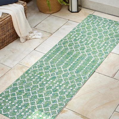 Green and Ivory Geometric Flat Woven Runner Rug