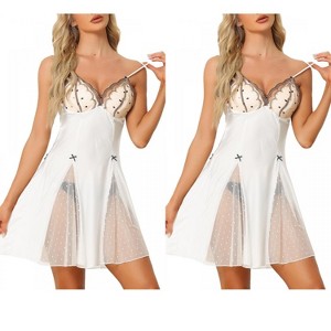 INSPIRE CHIC Women's 2 Pcs Lingerie Babydoll Satin Mini Chemise with Mesh Inset Sweet Nightgown - 1 of 4