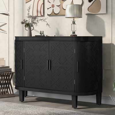 U Shape Accent Storage Cabinet With Antique Pattern Doors, Shelves, Wood Legs Buffet Sideboard For Dining Room, Living Room, Corridor, Hallway