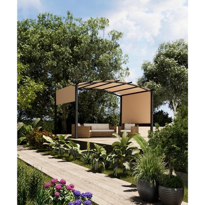 Garvee 12x9Ft Outdoor Arched Pergola, Metal Sturdy Gazebo with Retractable Sun Shade for Backyards, Lawn, Patios - Khaki