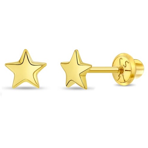 14K Yellow Gold Young Girl's Cultured Pearl Star Safety Screw Back Earring Studs