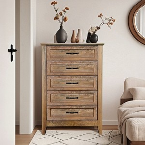 Garvee 5 Drawer Dresser, Farmhouse Tall Dresser for Closet, Rustic Chest of Drawer with Wide Metal Handles, Wood Dressers Organizer for Bedroom - 1 of 4