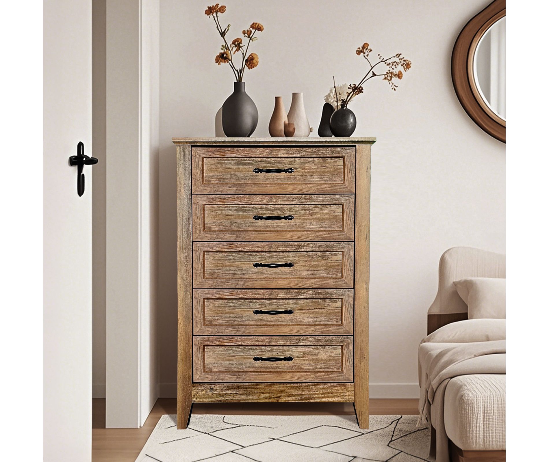 Garvee 5 Drawer Dresser, Farmhouse Tall Dresser for Closet, Rustic Chest of Drawer with Wide Metal Handles, Wood Dressers Organizer for Bedroom