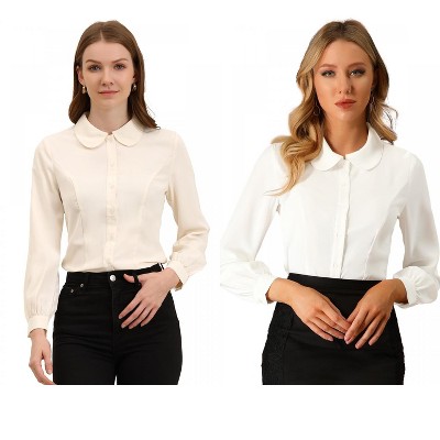 Allegra K Women's Work Peter Pan Collar Long Bishop Sleeve Button Down Shirt 2 Packs